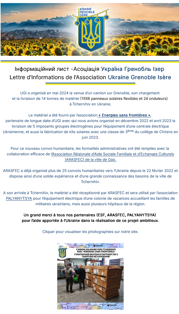 Remerciements de cette association pour le matériel envoyé par ESF